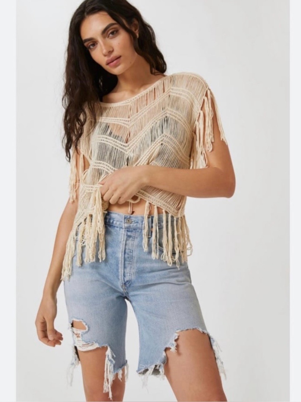 Anthropologie Ivory Macrame Fringe Poncho Top Boho Crochet Festival Coverup OS